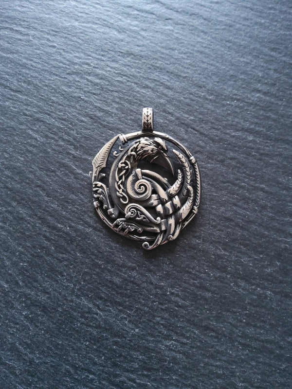 Large Norse Raven Pendant Pendant Stainless Steel 48x38mm - ContentedCatz