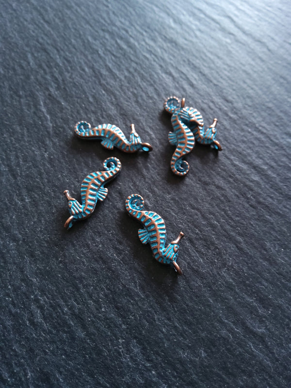 12 or 60 Antique Copper Seahorse Charms with Blue Patina 22x9x3mm