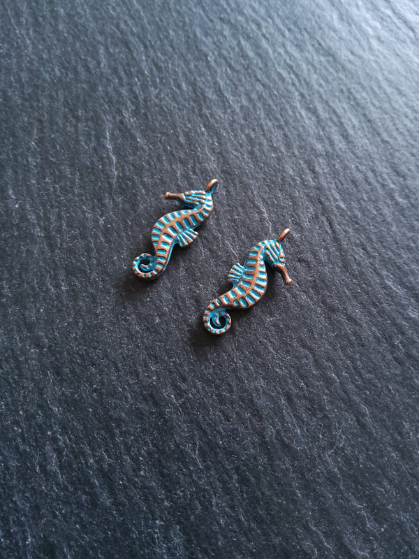 12 or 60 Antique Copper Seahorse Charms with Blue Patina 22x9x3mm