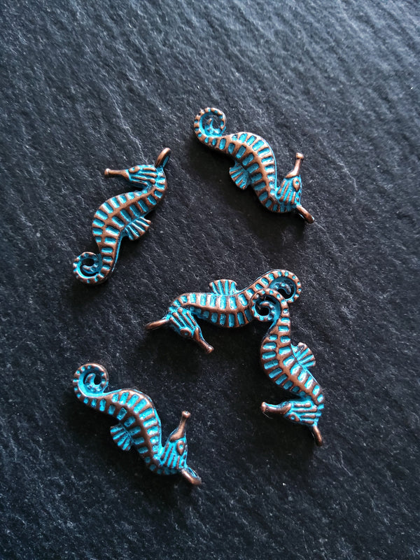 12 or 60 Antique Copper Seahorse Charms with Blue Patina 22x9x3mm