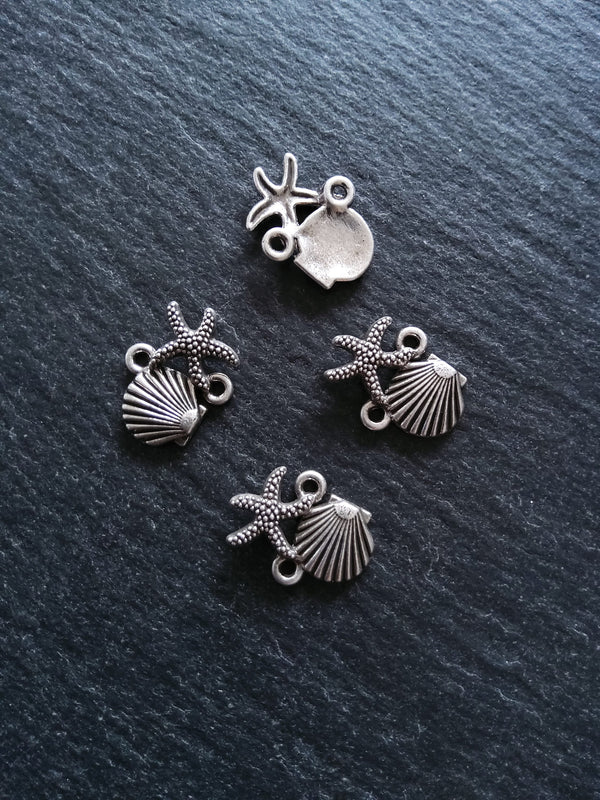4 or 20 Sea Shell & Starfish Connector Charms Antiqued Sterling Silver Plated 18x13.5x2.5mm Nickel FREE
