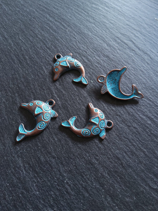 8 or 40 Antique Copper Dolphin Charms with Blue Patina 31x22mm