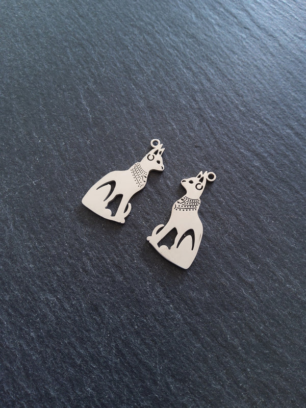 2 or 10 Stainless Steel Egyptian Cat Goddess Bastet Charms 30x15mm