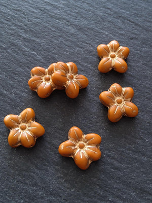 6 or 30 Czech Glass 14mm Flower Beads Matte Pumpkin Orange with Gold Patina 14x13x4.5mm