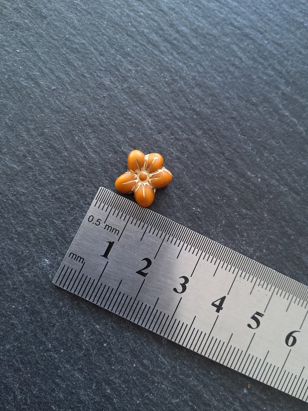 6 or 30 Czech Glass 14mm Flower Beads Matte Pumpkin Orange with Gold Patina 14x13x4.5mm