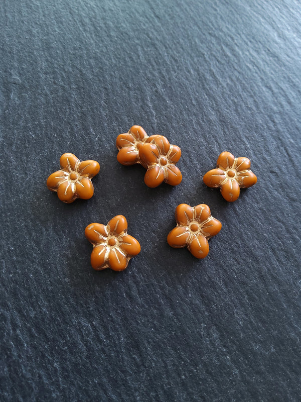 6 or 30 Czech Glass 14mm Flower Beads Matte Pumpkin Orange with Gold Patina 14x13x4.5mm
