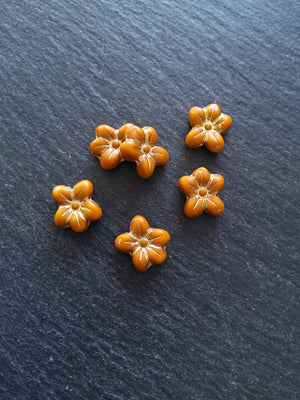 6 or 30 Czech Glass 14mm Flower Beads Matte Pumpkin Orange with Gold Patina 14x13x4.5mm
