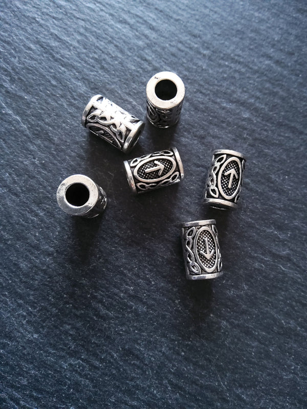 6 or 30 Tiwaz ᛏ or Týr Rune Beads Elder Futhark Antique Silver Tone 13x8mm. Large 4.7mm Hole