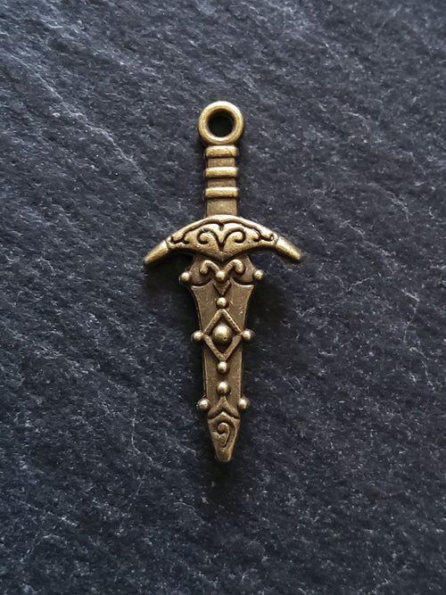 10 or 50 Sword Charms Antique Bronze Tone Metal Alloy 28x13x3mm