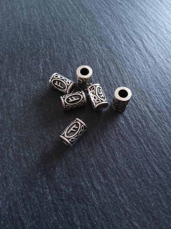 6 or 30 Fehu ᚠ Rune Beads Elder Futhark Antique Silver Tone 13x8mm. Large 4.7mm Hole