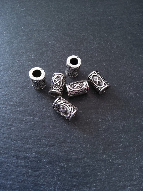 6 or 30 Gebo X Rune Beads Elder Futhark Antique Silver Tone 13x8mm. Large 4.7mm Hole
