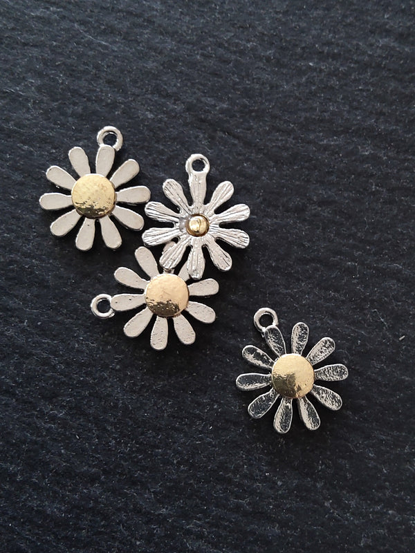 2 or 10 Daisy Flower Charms Silver & Gold 18x15mm