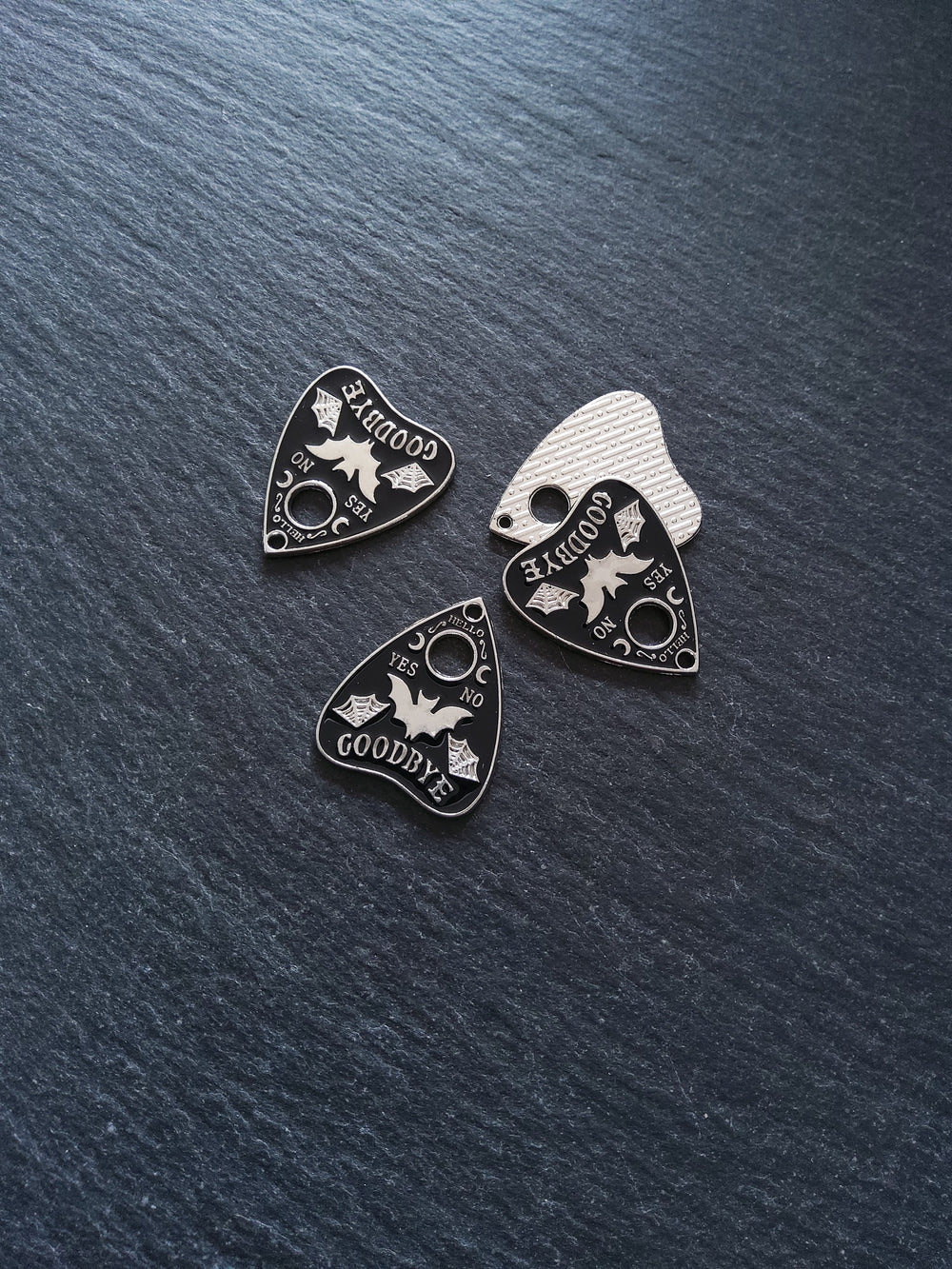 4 or 20 Silver Tone Ouija Bat Planchette Charms with Black Enamel 26x22mm
