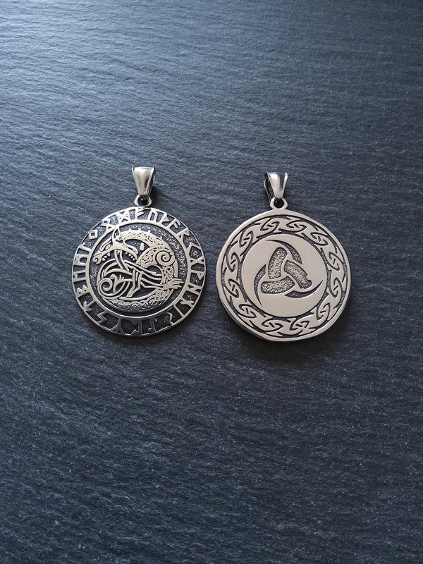 Large Round Celtic Beast Pendant Stainless Steel 43x38mm