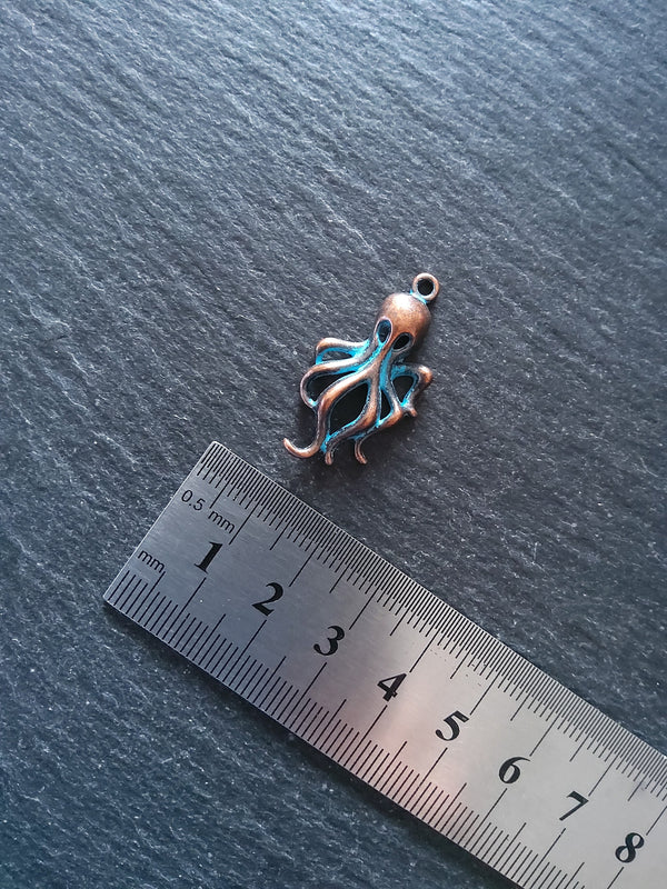 8 or 40 Antique Copper Octopus Charms with Blue Patina 31x17x5mm