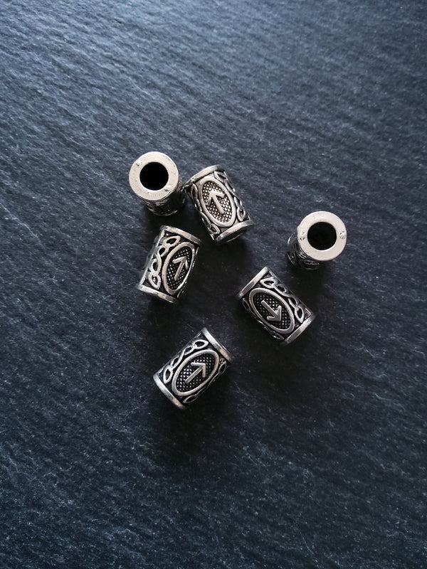 6 or 30 Tiwaz ᛏ or Týr Rune Beads Elder Futhark Antique Silver Tone 13x8mm. Large 4.7mm Hole