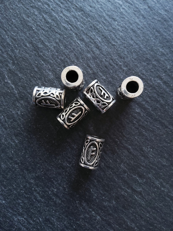 6 or 30 Fehu ᚠ Rune Beads Elder Futhark Antique Silver Tone 13x8mm. Large 4.7mm Hole