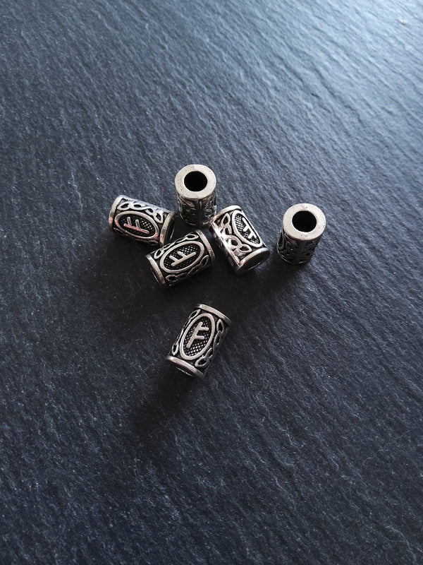 6 or 30 Fehu ᚠ Rune Beads Elder Futhark Antique Silver Tone 13x8mm. Large 4.7mm Hole