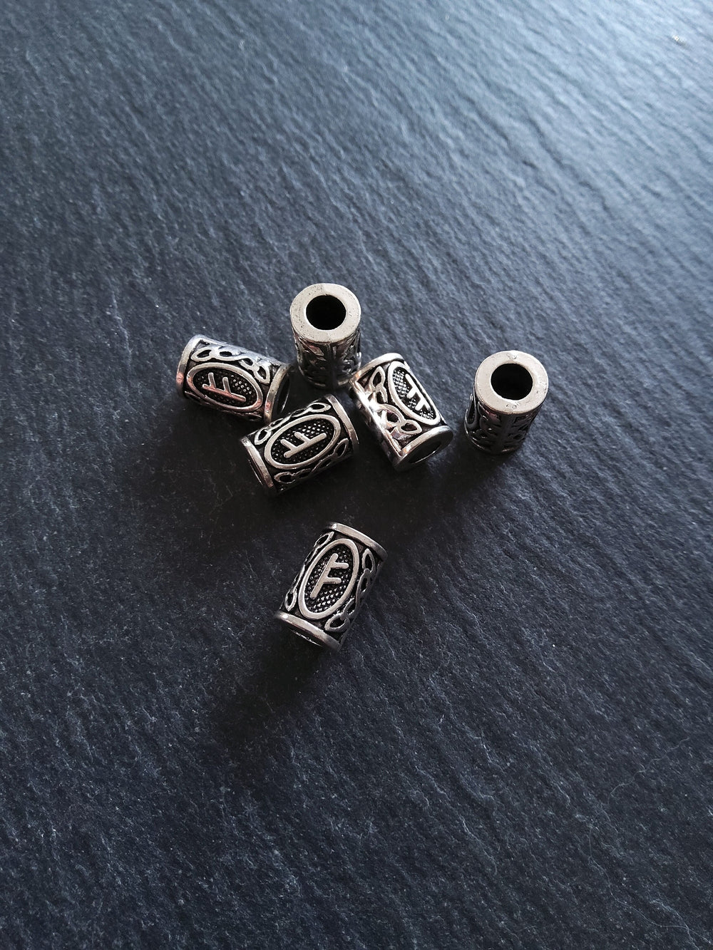 6 or 30 Fehu ᚠ Rune Beads Elder Futhark Antique Silver Tone 13x8mm. Large 4.7mm Hole