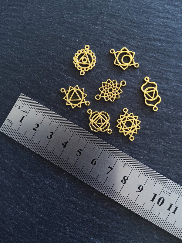 1 or 5 Full Sets of The Seven Chakras Connector Charms Bright Gold Plated Small 20x13mm