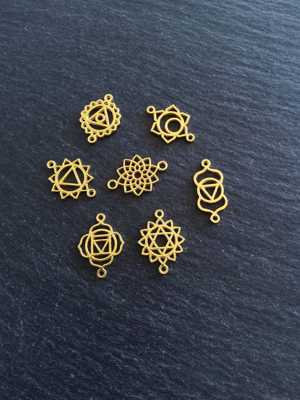 1 or 5 Full Sets of The Seven Chakras Connector Charms Bright Gold Plated Small 20x13mm