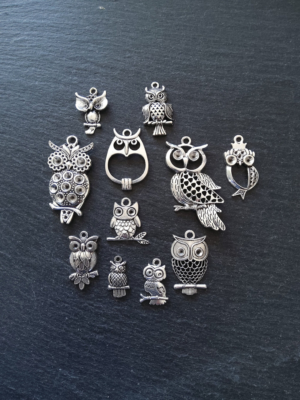 The Silver Owl Collection 2 - 11 Silver Tone Owl Charms 54x27mm to 21x11mm