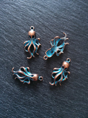 8 or 40 Antique Copper Octopus Charms with Blue Patina 31x17x5mm