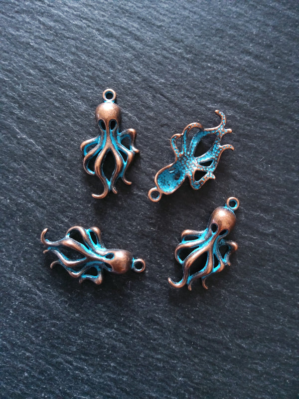 8 or 40 Antique Copper Octopus Charms with Blue Patina 31x17x5mm