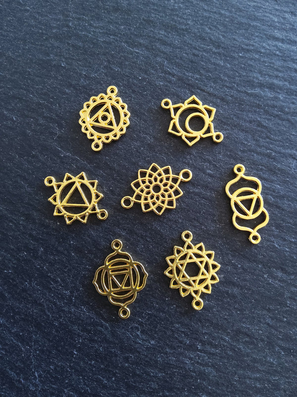 1 or 5 Full Sets of The Seven Chakras Connector Charms Bright Gold Plated Small 20x13mm