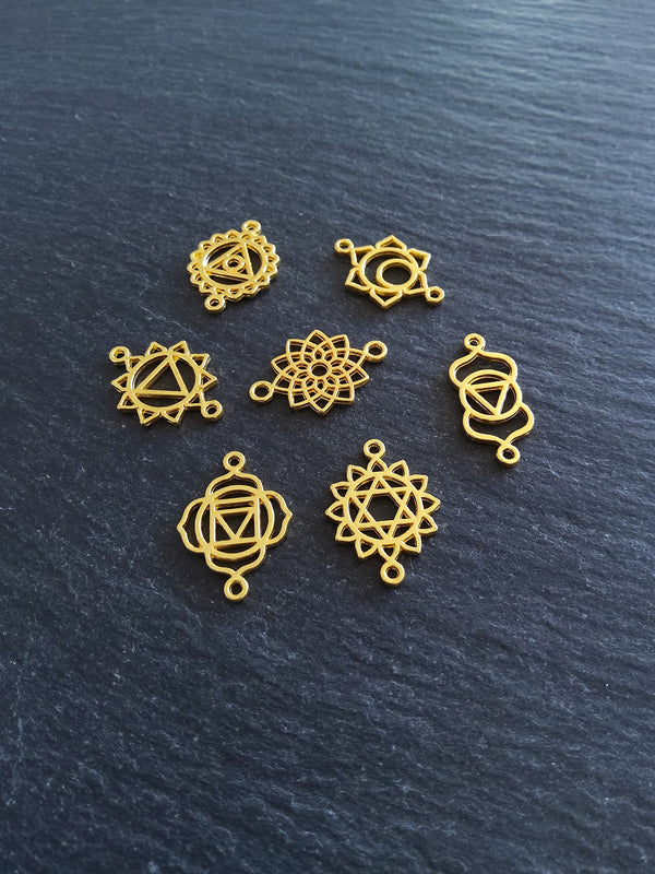 1 or 5 Full Sets of The Seven Chakras Connector Charms Bright Gold Plated Small 20x13mm