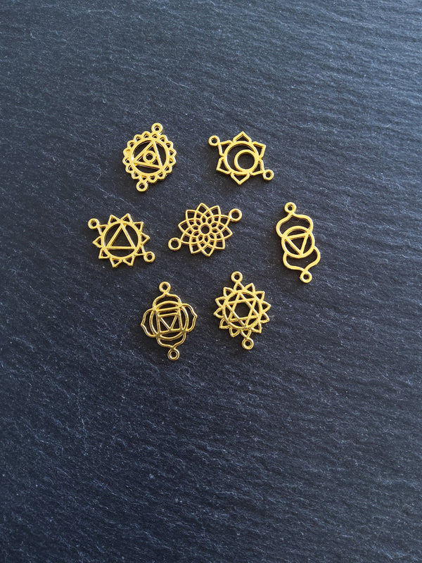 1 or 5 Full Sets of The Seven Chakras Connector Charms Bright Gold Plated Small 20x13mm