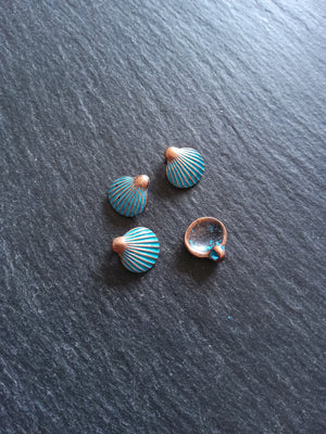 8 or 40 Antique Copper Scallop Shell Charms with Blue Patina 21x11mm