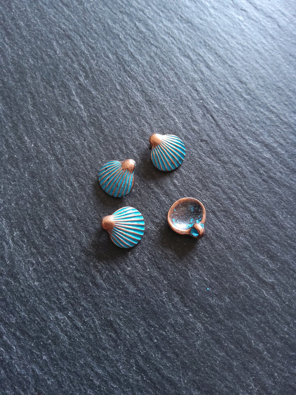 8 or 40 Antique Copper Scallop Shell Charms with Blue Patina 21x11mm