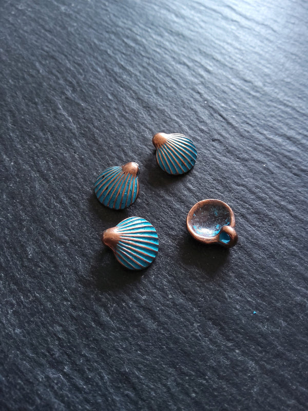 8 or 40 Antique Copper Scallop Shell Charms with Blue Patina 21x11mm