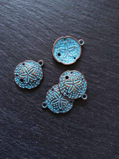 8 or 40 Antique Copper Alloy Sand Dollar Charms with Blue Patina 25x21mm