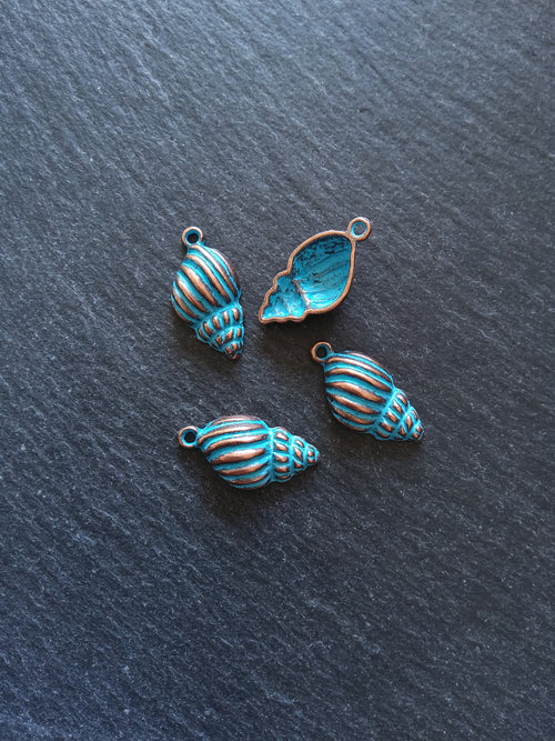 8 or 40 Antique Copper Alloy Mollusc Shell Charms with Blue Patina 25x13mm