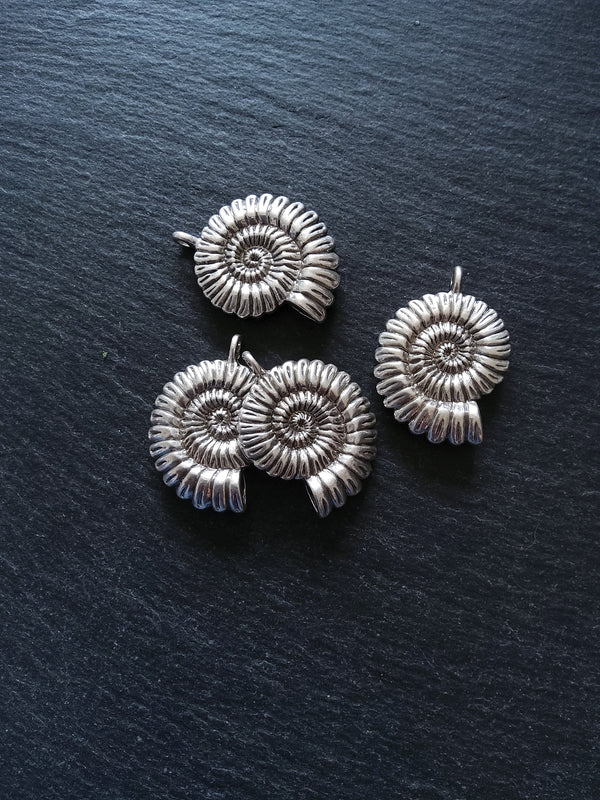 1 or 5 Sterling Silver Plated Ammonite Fossil Shell Pendants Silver Plated 37x27x7mm Lead & Nickel FREE
