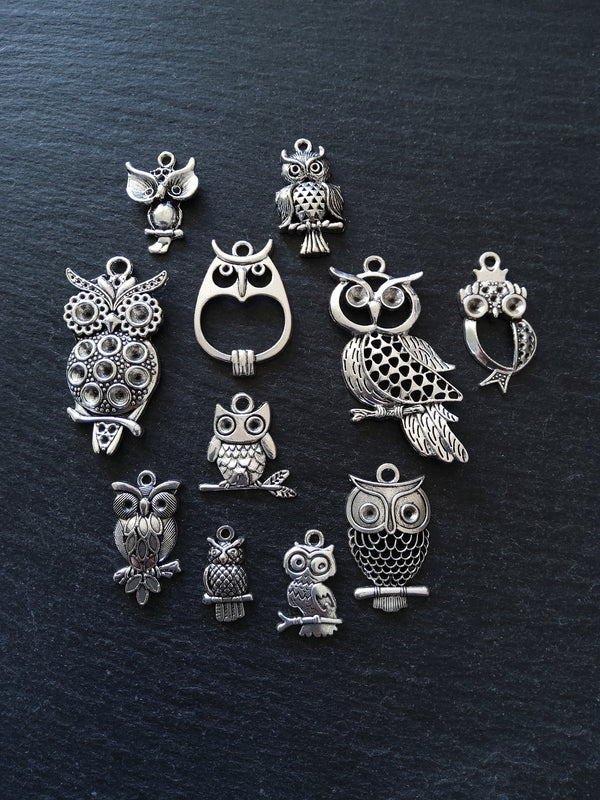 The Silver Owl Collection 2 - 11 Silver Tone Owl Charms 54x27mm to 21x11mm