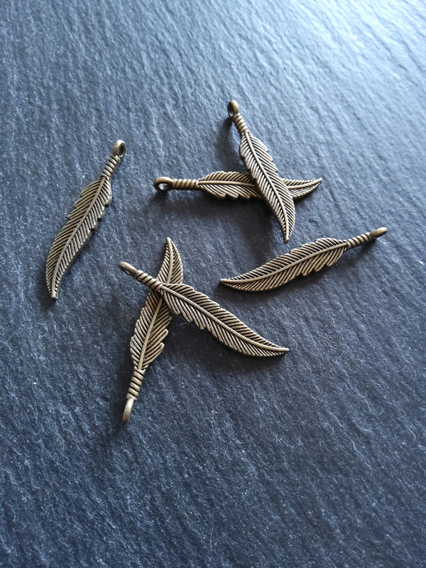 10 or 50 Antique Bronze Tone Feather Charms 37x7x1.8mm Nickel FREE