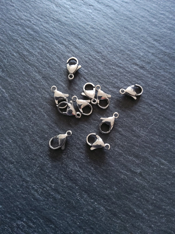 10 or 50 Stainless Steel Lobster Clasps 10mm 11mm 12mm or 13mm