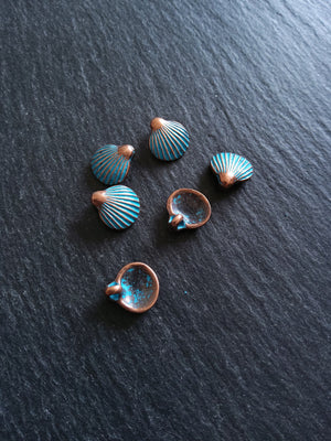 8 or 40 Antique Copper Scallop Shell Charms with Blue Patina 21x11mm