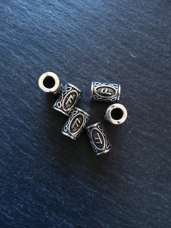 6 or 30 Ansuz ᚨ Rune Beads Elder Futhark Antique Silver Tone 13x8mm. Large 4.7mm Hole