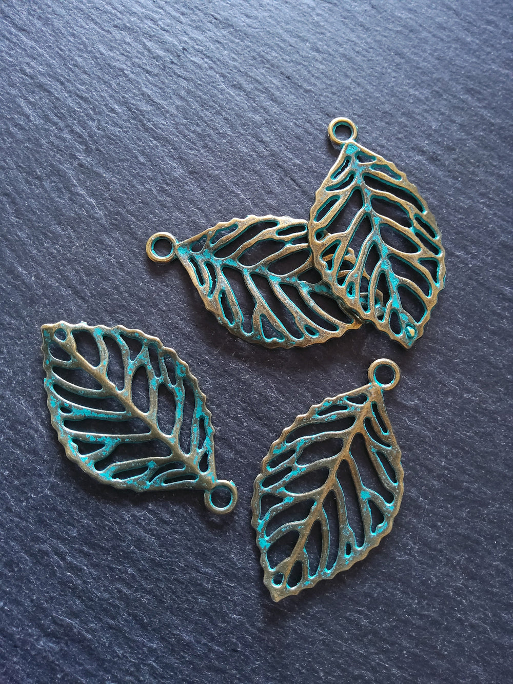 4 or 20 Antique Bronze Leaf Charms with Green Patina 49x27x2mm Nickel FREE
