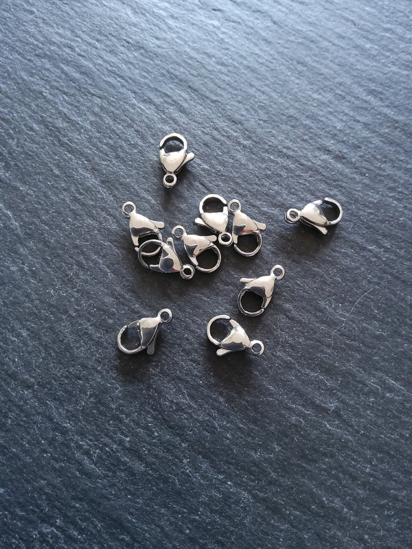 10 or 50 Stainless Steel Lobster Clasps 10mm 11mm 12mm or 13mm