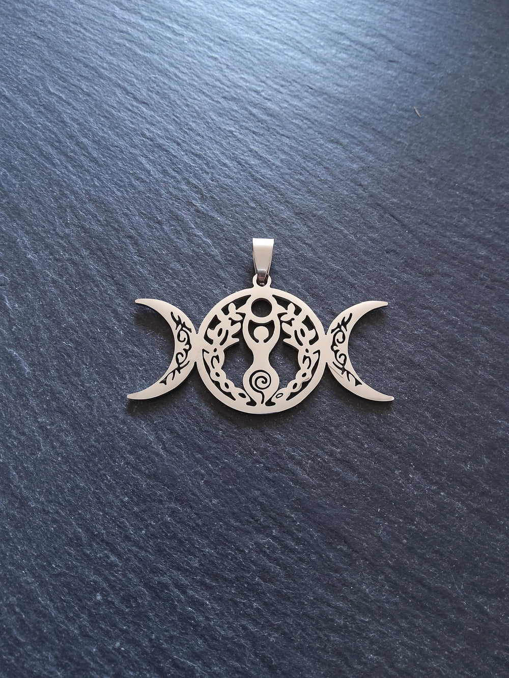 Large Stainless Steel Triple Moon Spiral Goddess Pendant 29x50.5x1.5mm - ContentedCatz