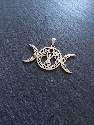 Large Stainless Steel Triple Moon Spiral Goddess Pendant 29x50.5x1.5mm - ContentedCatz