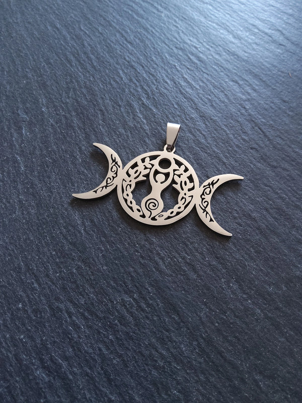 Large Stainless Steel Triple Moon Spiral Goddess Pendant 29x50.5x1.5mm - ContentedCatz