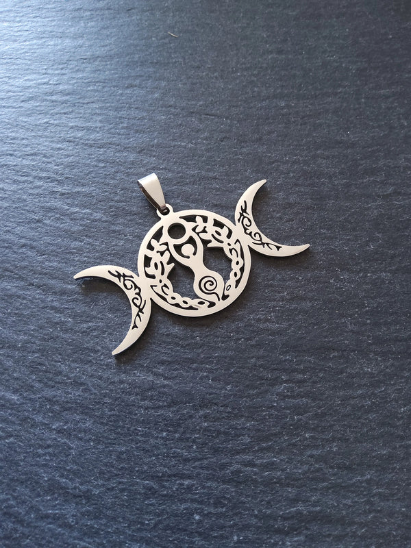 Large Stainless Steel Triple Moon Spiral Goddess Pendant 29x50.5x1.5mm - ContentedCatz