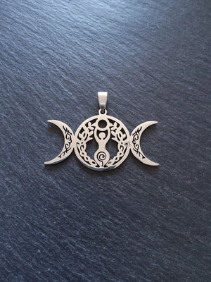 Large Stainless Steel Triple Moon Spiral Goddess Pendant 29x50.5x1.5mm - ContentedCatz
