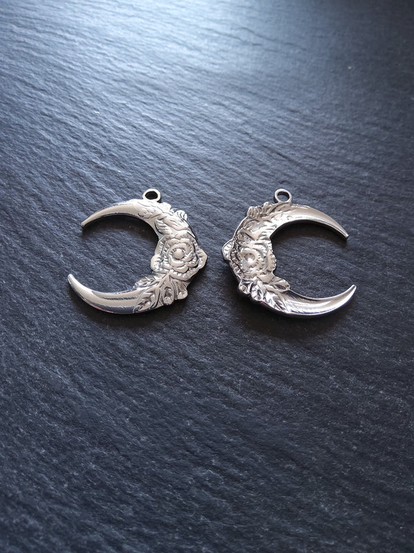 1 or 5 Stainless Steel Crescent Moon & Flower Pendants 30x26x3mm